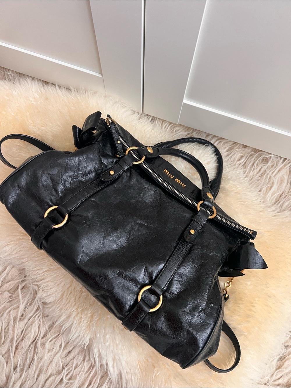 Miu Miu Vitello Lux Black Leather Side Ribbon Bow 2Way Shoulder Bag Archive Y2K - Picture 6 of 16